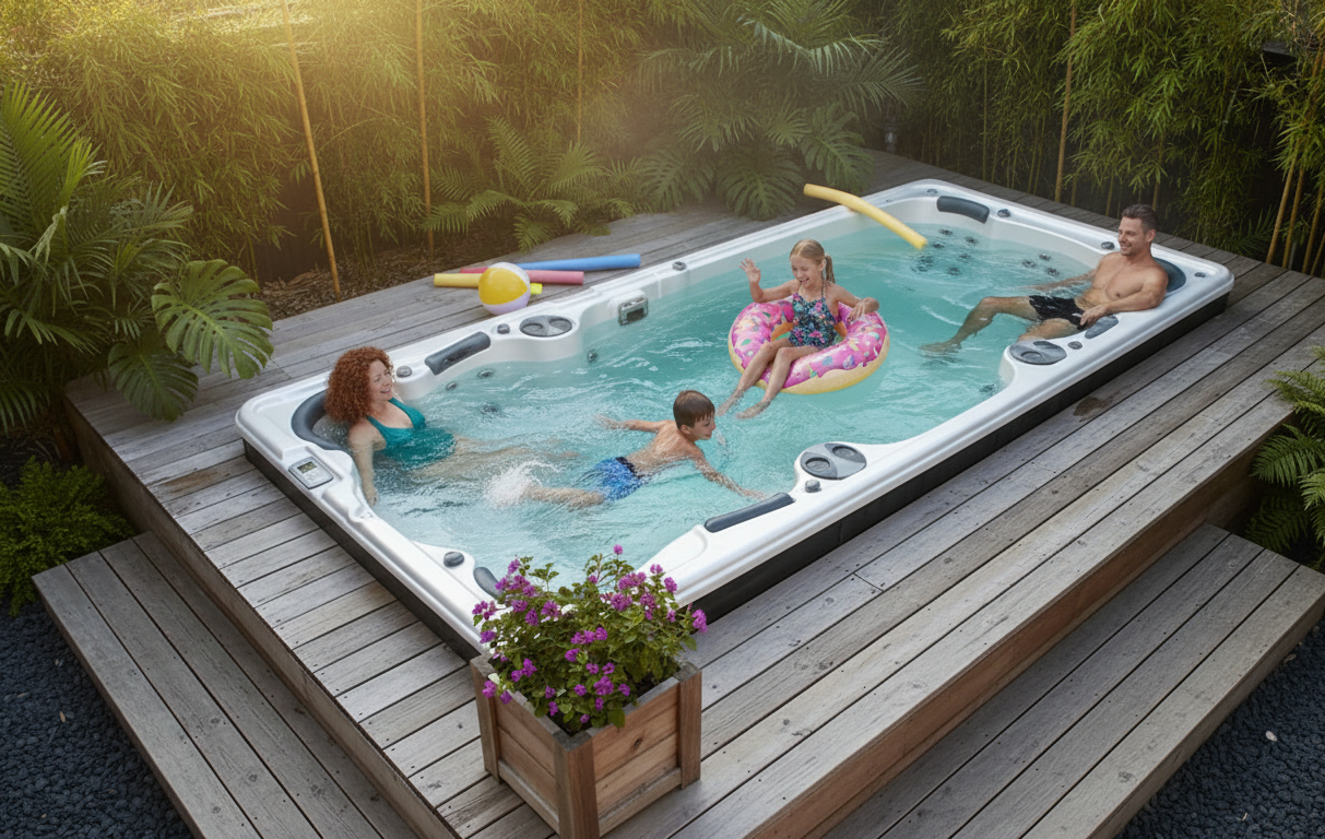 Kompakter Swim Spa im Garten integriert